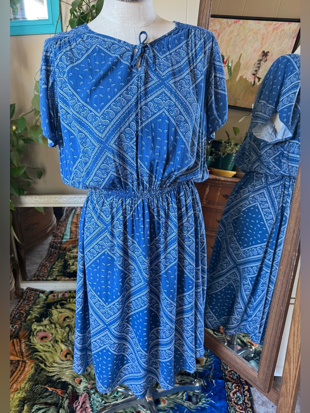 Handmade by Phyllisaysew Blue Argyle Scarf Patterned Midi Dress, Sharkbite hem